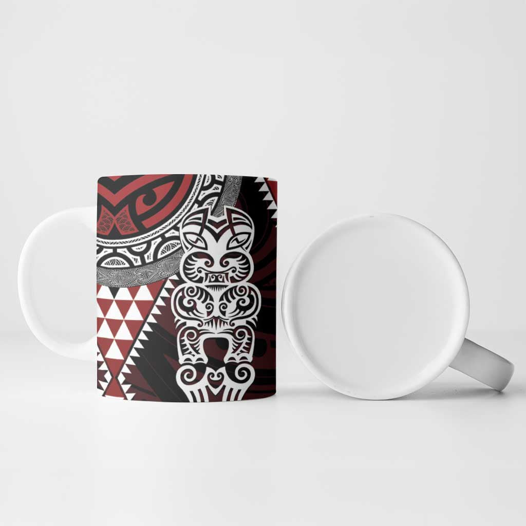 Red Aotearoa Niho Taniwha Ceramic Mug Maori Mythology Tooth - Taniko Motifs - Polynesian Pride