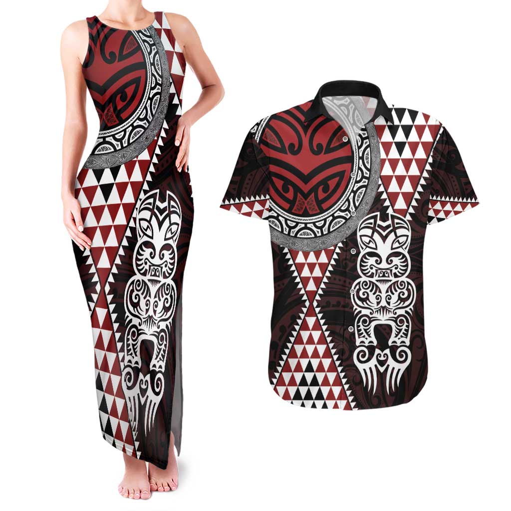 Red Aotearoa Niho Taniwha Couples Matching Tank Maxi Dress and Hawaiian Shirt Maori Mythology Tooth - Taniko Motifs LT14 Red - Polynesian Pride