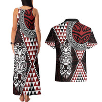 Red Aotearoa Niho Taniwha Couples Matching Tank Maxi Dress and Hawaiian Shirt Maori Mythology Tooth - Taniko Motifs LT14 - Polynesian Pride