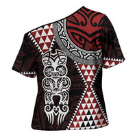 Red Aotearoa Niho Taniwha Cross Shoulder Shirt Maori Mythology Tooth - Taniko Motifs - Polynesian Pride