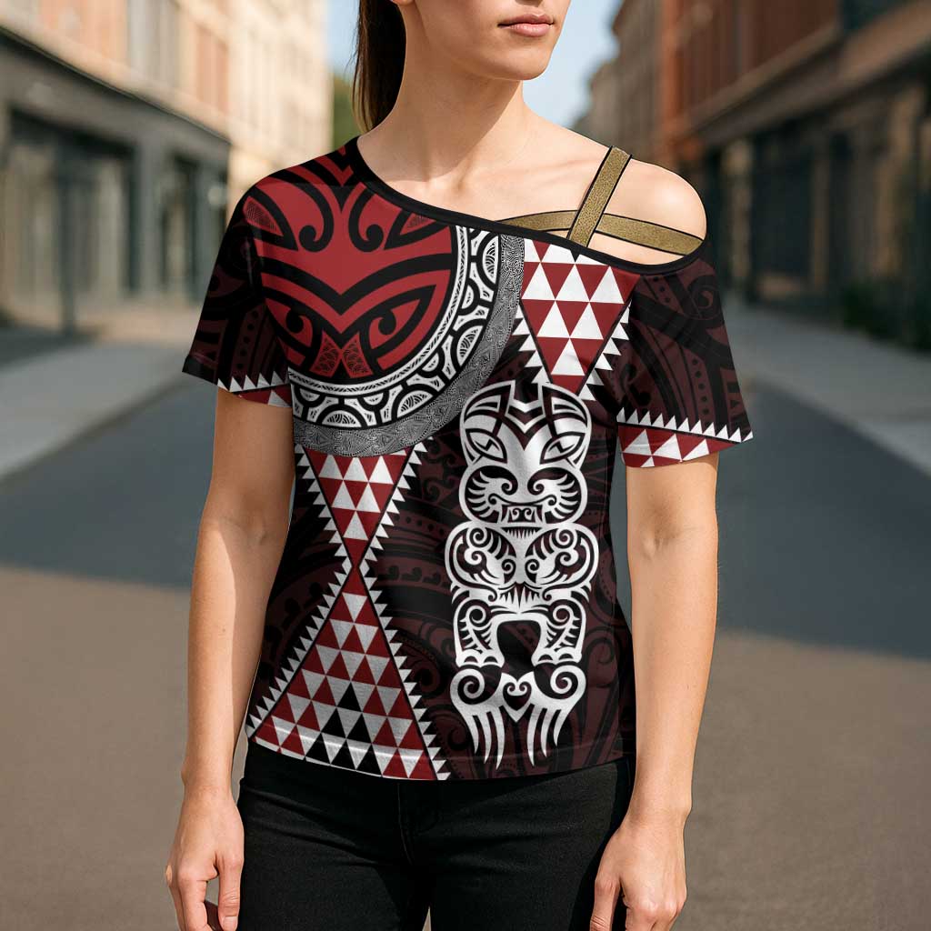 Red Aotearoa Niho Taniwha Cross Shoulder Shirt Maori Mythology Tooth - Taniko Motifs - Polynesian Pride