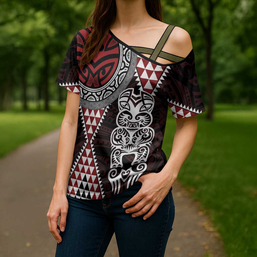 Red Aotearoa Niho Taniwha Cross Shoulder Shirt Maori Mythology Tooth - Taniko Motifs - Polynesian Pride