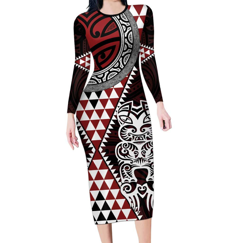 Red Aotearoa Niho Taniwha Family Matching Long Sleeve Bodycon Dress and Hawaiian Shirt Maori Mythology Tooth - Taniko Motifs