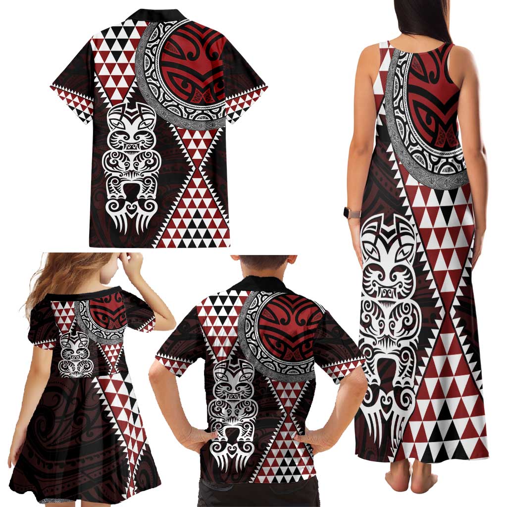 Red Aotearoa Niho Taniwha Family Matching Tank Maxi Dress and Hawaiian Shirt Maori Mythology Tooth - Taniko Motifs