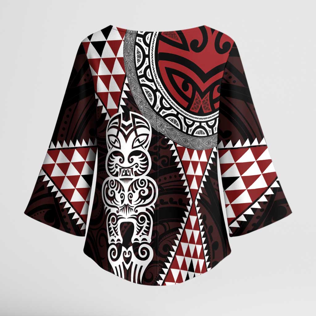 Red Aotearoa Niho Taniwha Kimono Sleeve Blouse Maori Mythology Tooth - Taniko Motifs - Polynesian Pride