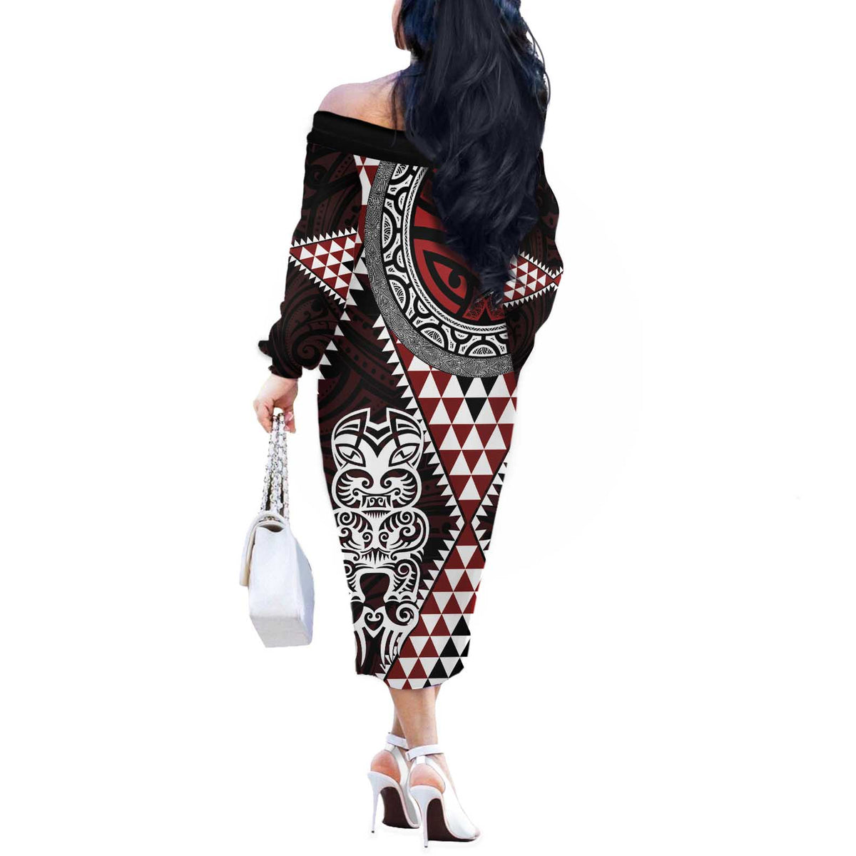 Red Aotearoa Niho Taniwha Off The Shoulder Long Sleeve Dress Maori Mythology Tooth - Taniko Motifs