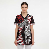 Red Aotearoa Niho Taniwha Scrub Top Maori Mythology Tooth - Taniko Motifs - Polynesian Pride