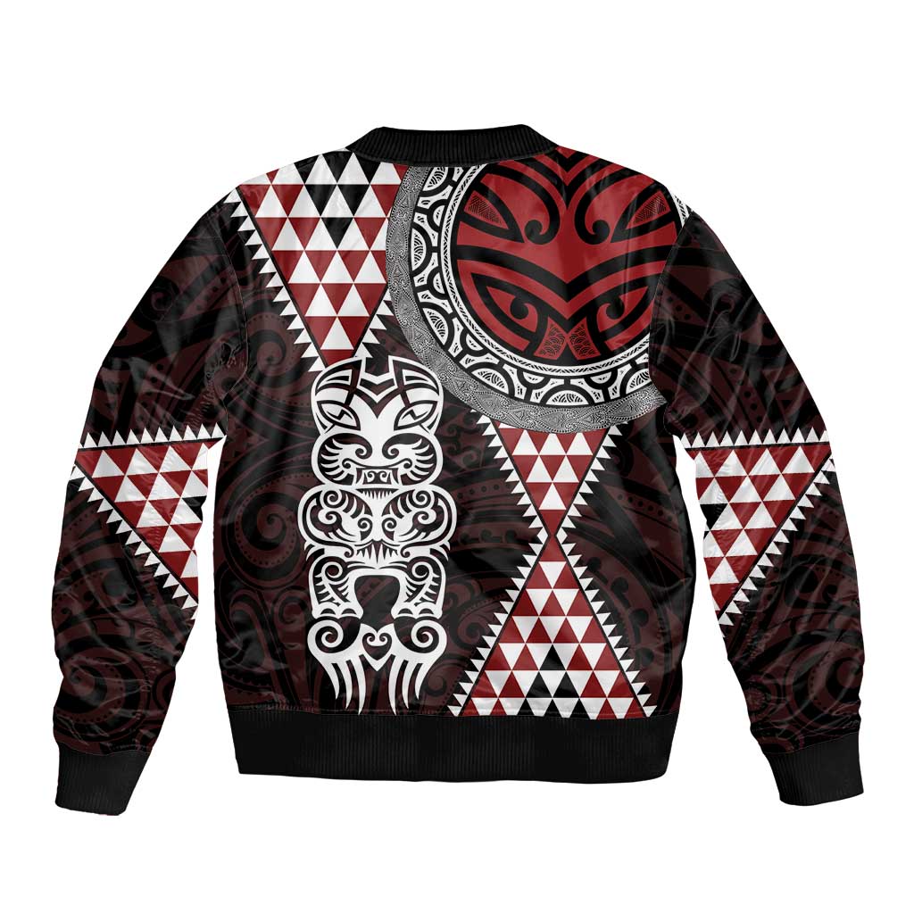Red Aotearoa Niho Taniwha Sleeve Zip Bomber Jacket Maori Mythology Tooth - Taniko Motifs