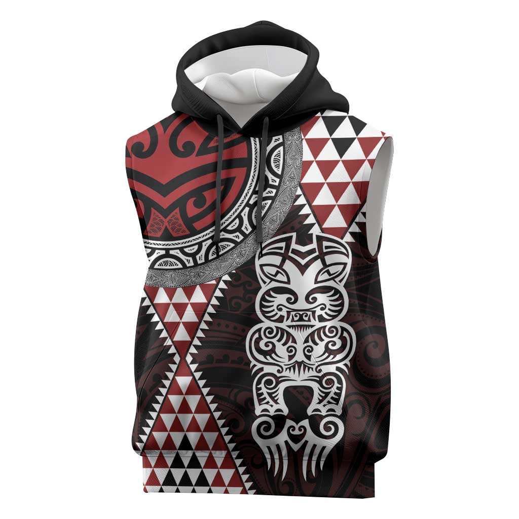 Red Aotearoa Niho Taniwha Sleeveless Hoodie Maori Mythology Tooth - Taniko Motifs - Polynesian Pride