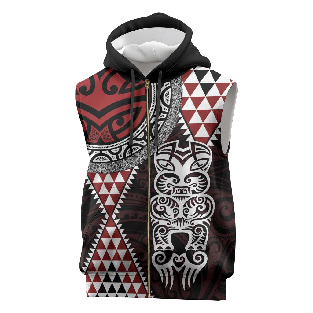 Red Aotearoa Niho Taniwha Sleeveless Zip Hoodie Maori Mythology Tooth - Taniko Motifs - Polynesian Pride