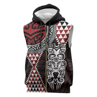Red Aotearoa Niho Taniwha Sleeveless Zip Hoodie Maori Mythology Tooth - Taniko Motifs - Polynesian Pride