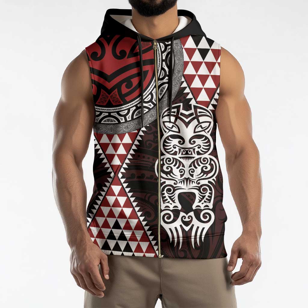 Red Aotearoa Niho Taniwha Sleeveless Zip Hoodie Maori Mythology Tooth - Taniko Motifs - Polynesian Pride