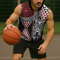 Red Aotearoa Niho Taniwha Sleeveless Zip Hoodie Maori Mythology Tooth - Taniko Motifs - Polynesian Pride