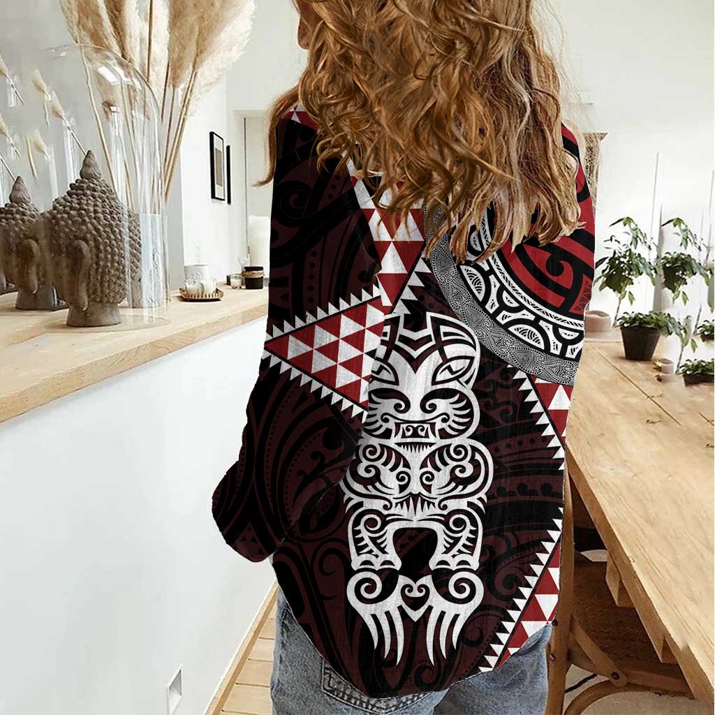 Red Aotearoa Niho Taniwha Women Casual Shirt Maori Mythology Tooth - Taniko Motifs