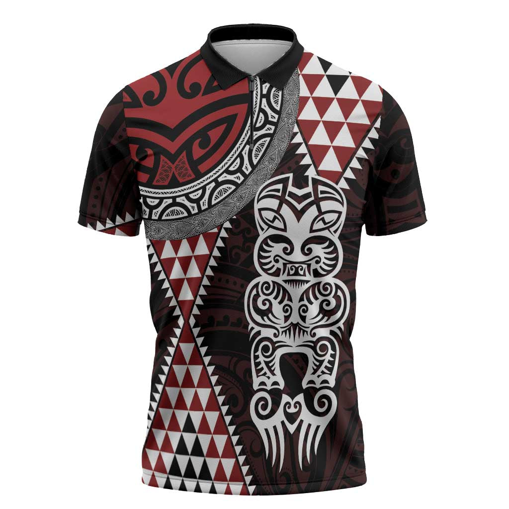 Red Aotearoa Niho Taniwha Zipper Polo Shirt Maori Mythology Tooth - Taniko Motifs - Polynesian Pride