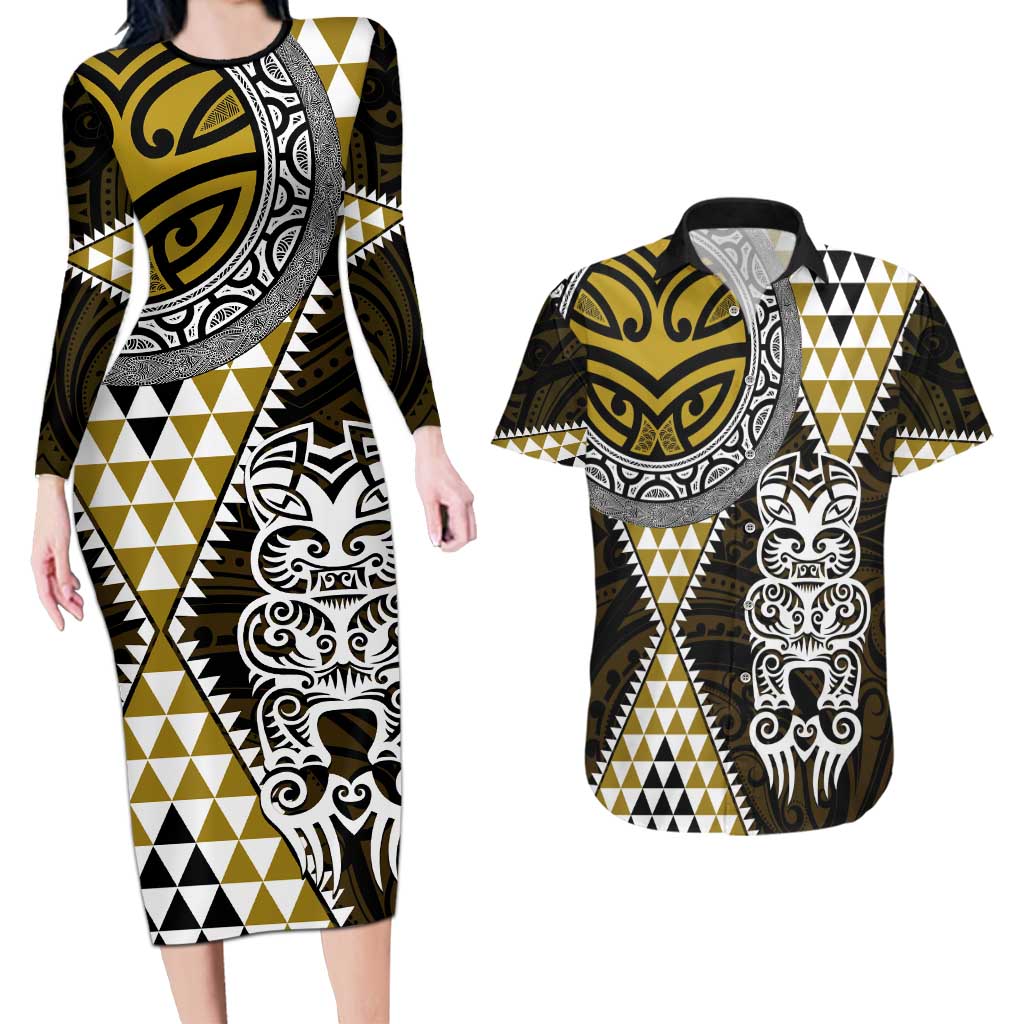 Yellow Aotearoa Niho Taniwha Couples Matching Long Sleeve Bodycon Dress and Hawaiian Shirt Maori Mythology Tooth - Taniko Motifs
