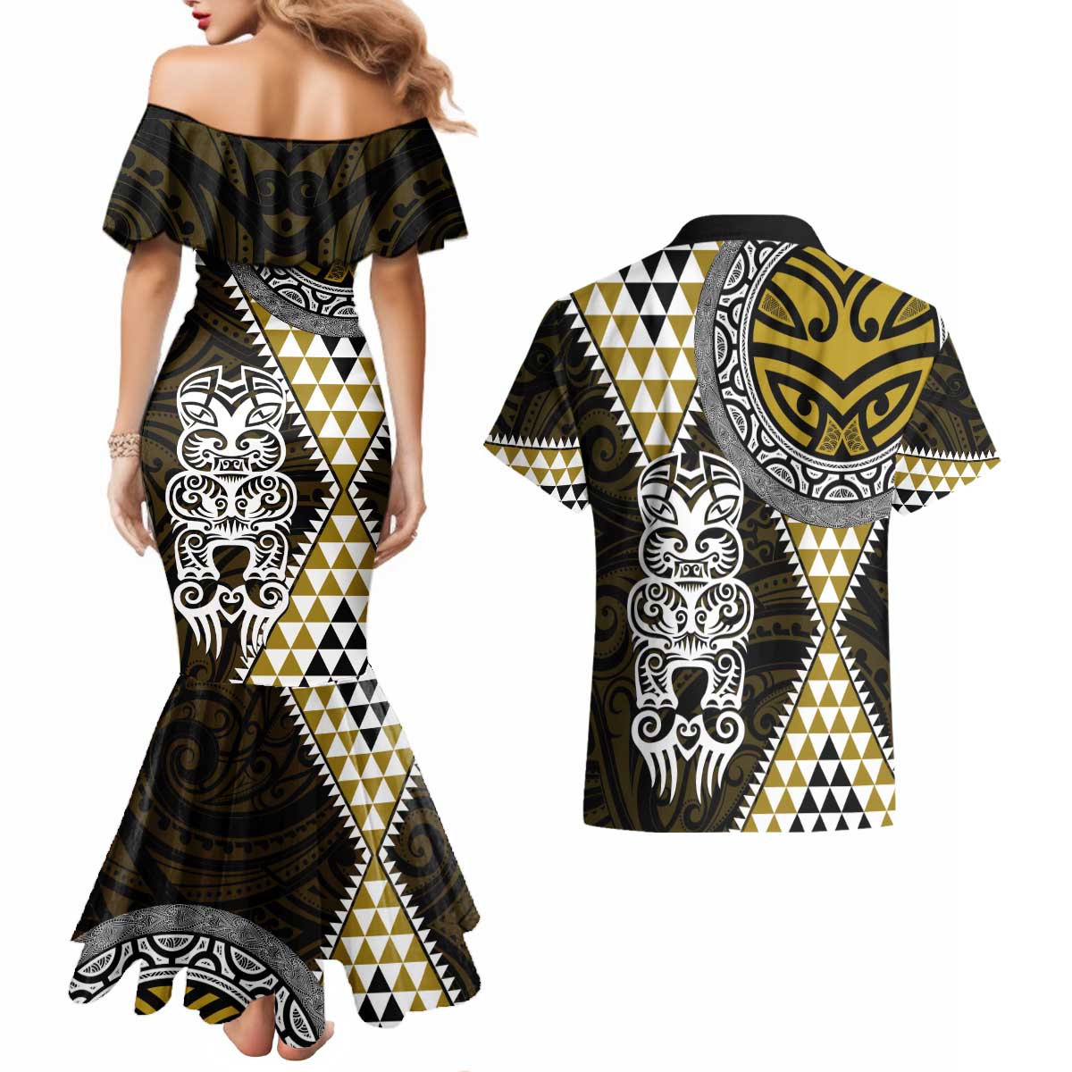 Yellow Aotearoa Niho Taniwha Couples Matching Mermaid Dress and Hawaiian Shirt Maori Mythology Tooth - Taniko Motifs