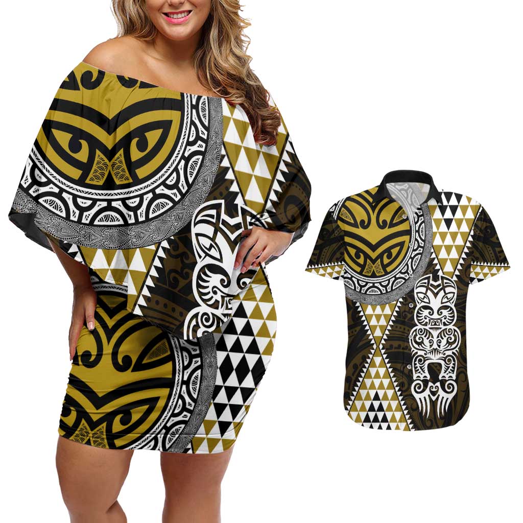 Yellow Aotearoa Niho Taniwha Couples Matching Off Shoulder Short Dress and Hawaiian Shirt Maori Mythology Tooth - Taniko Motifs