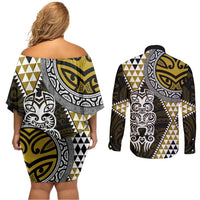 Yellow Aotearoa Niho Taniwha Couples Matching Off Shoulder Short Dress and Long Sleeve Button Shirt Maori Mythology Tooth - Taniko Motifs