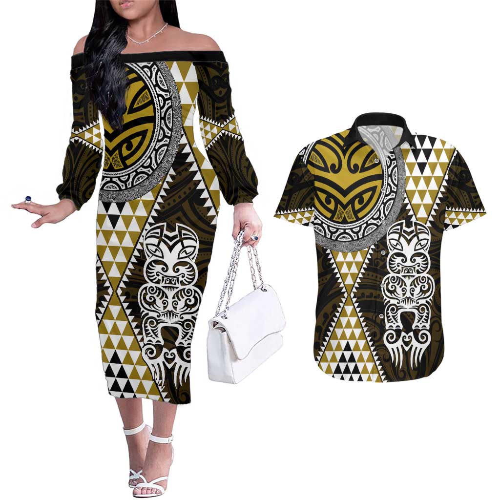 Yellow Aotearoa Niho Taniwha Couples Matching Off The Shoulder Long Sleeve Dress and Hawaiian Shirt Maori Mythology Tooth - Taniko Motifs