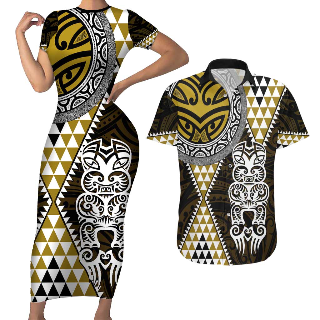 Yellow Aotearoa Niho Taniwha Couples Matching Short Sleeve Bodycon Dress and Hawaiian Shirt Maori Mythology Tooth - Taniko Motifs