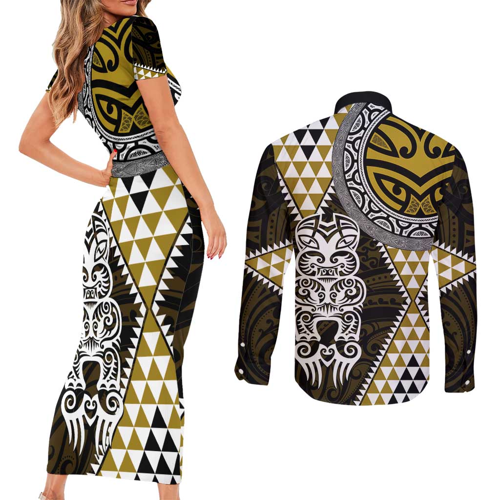 Yellow Aotearoa Niho Taniwha Couples Matching Short Sleeve Bodycon Dress and Long Sleeve Button Shirt Maori Mythology Tooth - Taniko Motifs