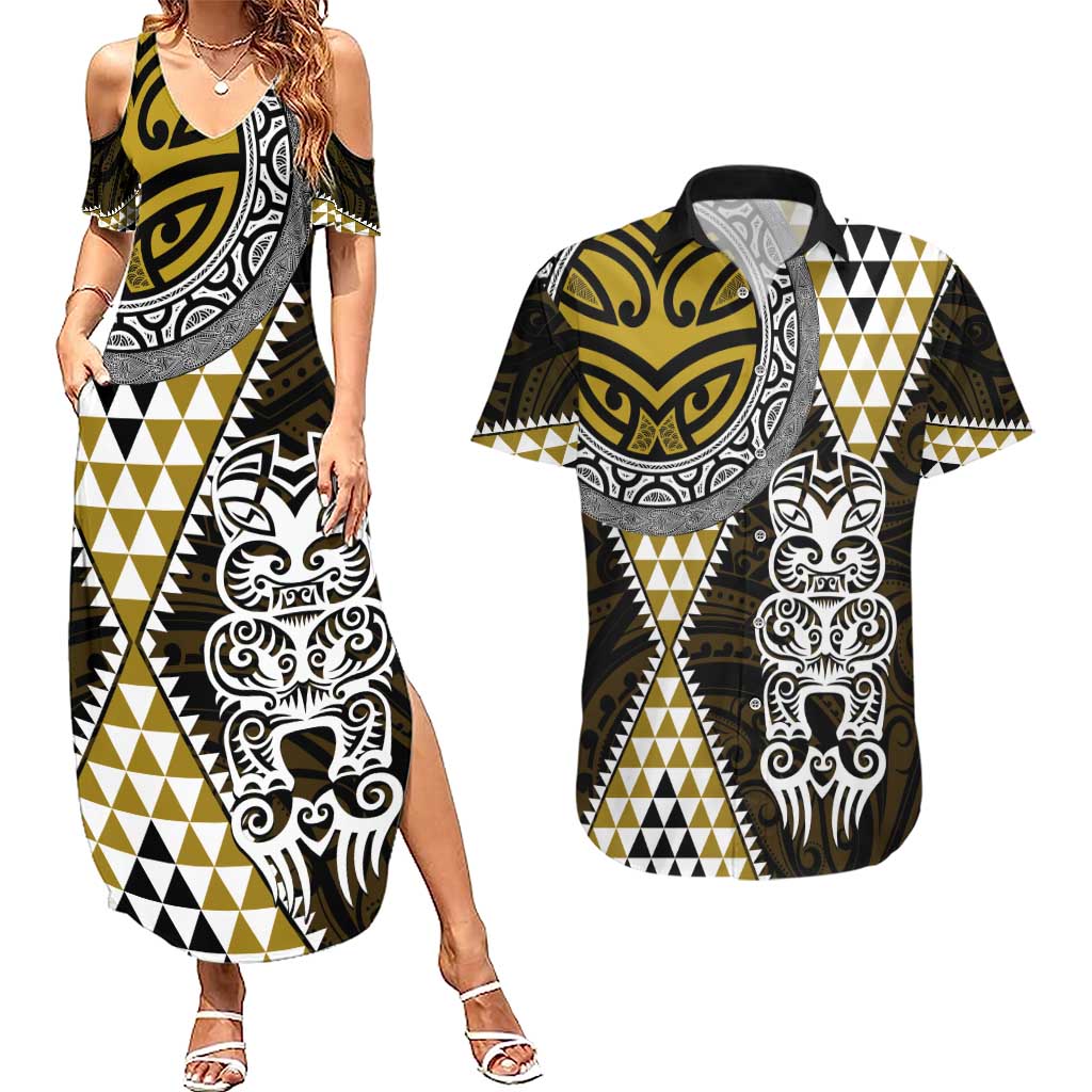 Yellow Aotearoa Niho Taniwha Couples Matching Summer Maxi Dress and Hawaiian Shirt Maori Mythology Tooth - Taniko Motifs