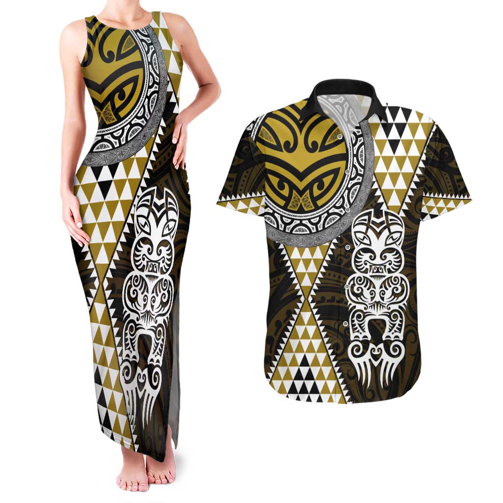 Yellow Aotearoa Niho Taniwha Couples Matching Tank Maxi Dress and Hawaiian Shirt Maori Mythology Tooth - Taniko Motifs