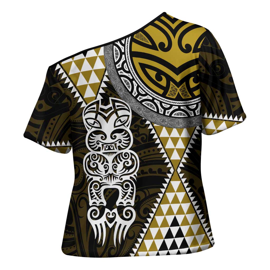 Yellow Aotearoa Niho Taniwha Cross Shoulder Shirt Maori Mythology Tooth - Taniko Motifs - Polynesian Pride