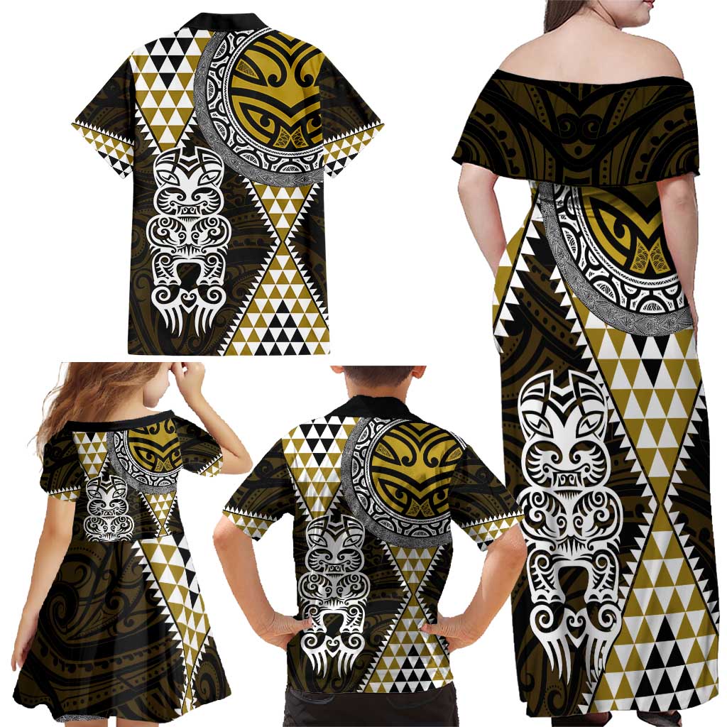 Yellow Aotearoa Niho Taniwha Family Matching Off Shoulder Maxi Dress and Hawaiian Shirt Maori Mythology Tooth - Taniko Motifs