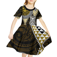 Yellow Aotearoa Niho Taniwha Kid Short Sleeve Dress Maori Mythology Tooth - Taniko Motifs
