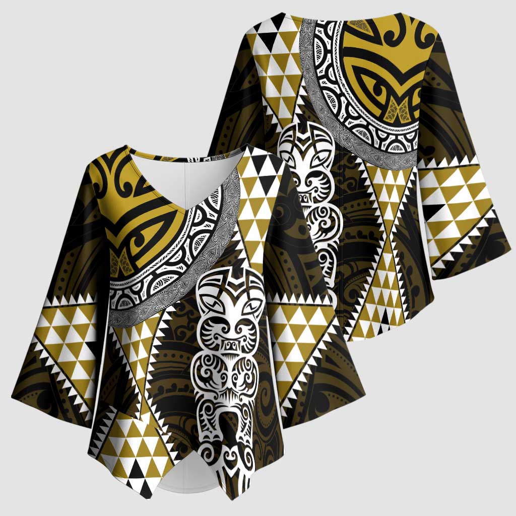 Yellow Aotearoa Niho Taniwha Kimono Sleeve Blouse Maori Mythology Tooth - Taniko Motifs - Polynesian Pride