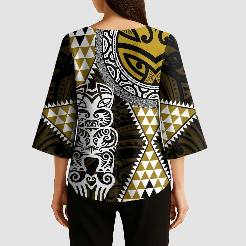 Yellow Aotearoa Niho Taniwha Kimono Sleeve Blouse Maori Mythology Tooth - Taniko Motifs - Polynesian Pride