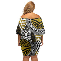 Yellow Aotearoa Niho Taniwha Off Shoulder Short Dress Maori Mythology Tooth - Taniko Motifs