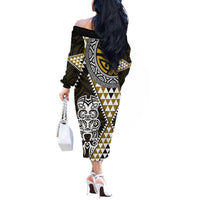 Yellow Aotearoa Niho Taniwha Off The Shoulder Long Sleeve Dress Maori Mythology Tooth - Taniko Motifs