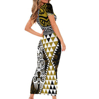 Yellow Aotearoa Niho Taniwha Short Sleeve Bodycon Dress Maori Mythology Tooth - Taniko Motifs
