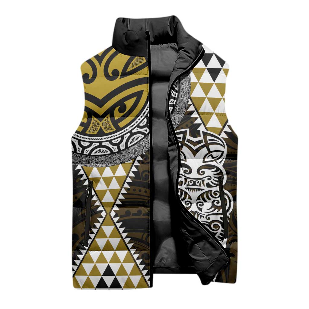 Yellow Aotearoa Niho Taniwha Sleeveless Puffer Jacket Maori Mythology Tooth - Taniko Motifs - Polynesian Pride