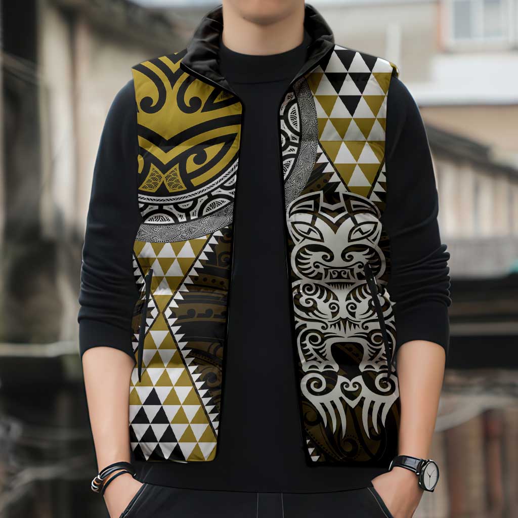 Yellow Aotearoa Niho Taniwha Sleeveless Puffer Jacket Maori Mythology Tooth - Taniko Motifs - Polynesian Pride