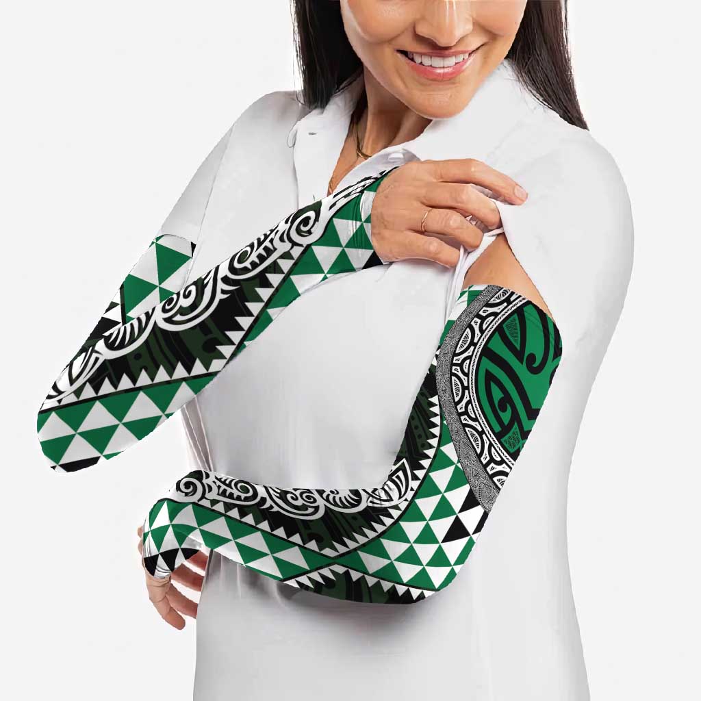 Green Aotearoa Niho Taniwha Arm Sleeves Maori Mythology Tooth - Taniko Motifs - Polynesian Pride