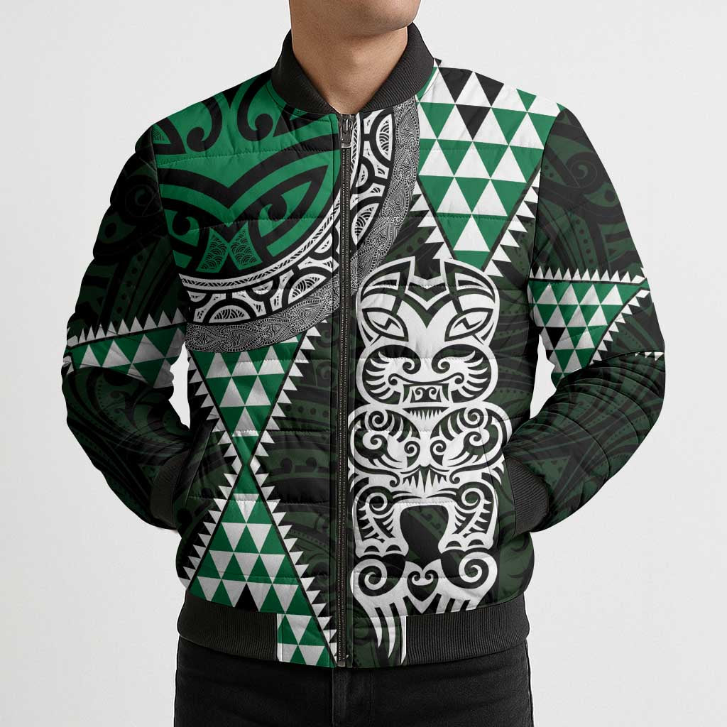 Green Aotearoa Niho Taniwha Bomber Puffer Jacket Maori Mythology Tooth - Taniko Motifs - Polynesian Pride