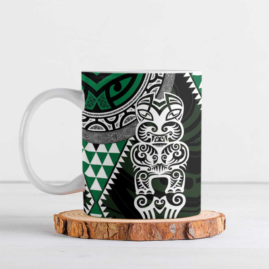 Green Aotearoa Niho Taniwha Ceramic Mug Maori Mythology Tooth - Taniko Motifs - Polynesian Pride