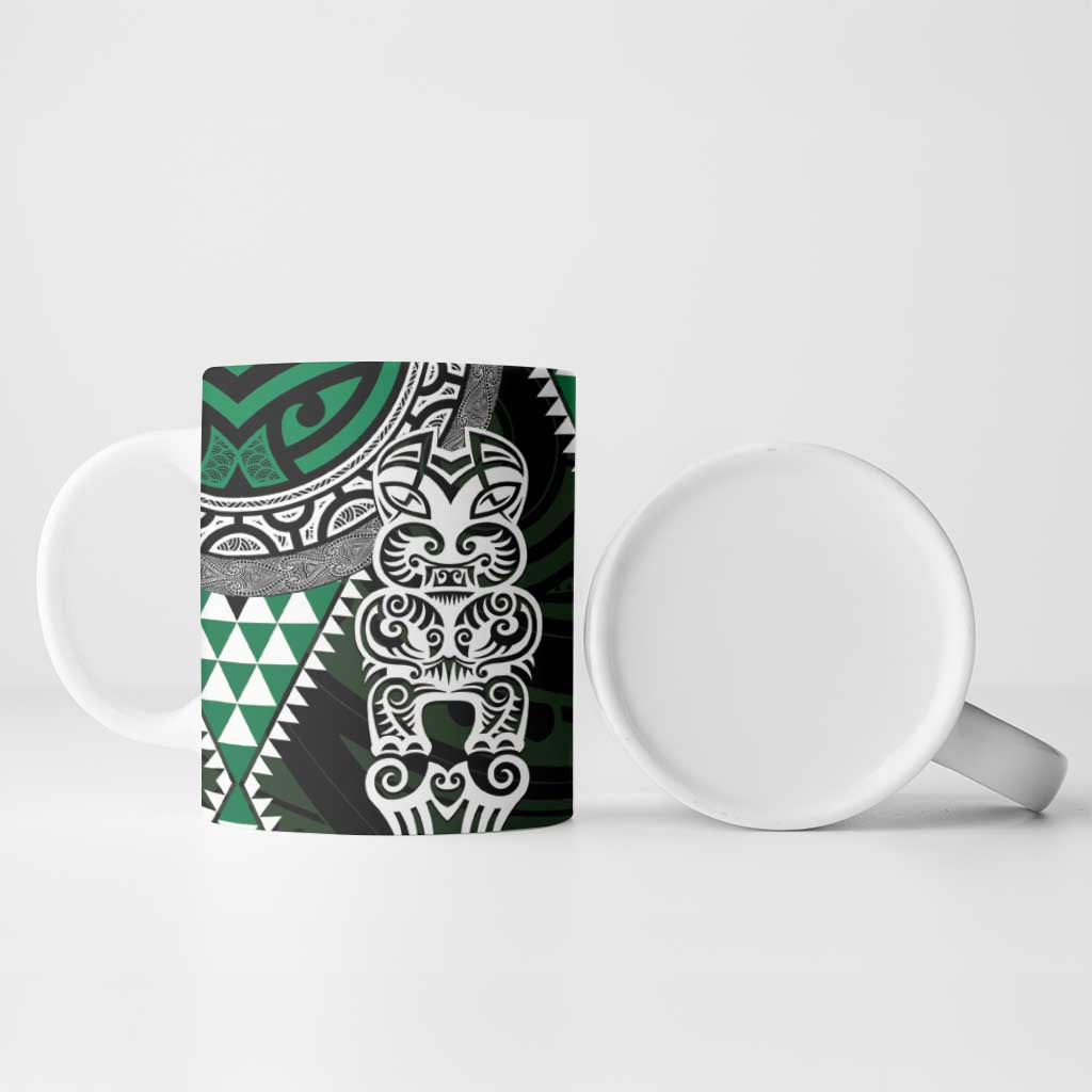 Green Aotearoa Niho Taniwha Ceramic Mug Maori Mythology Tooth - Taniko Motifs - Polynesian Pride