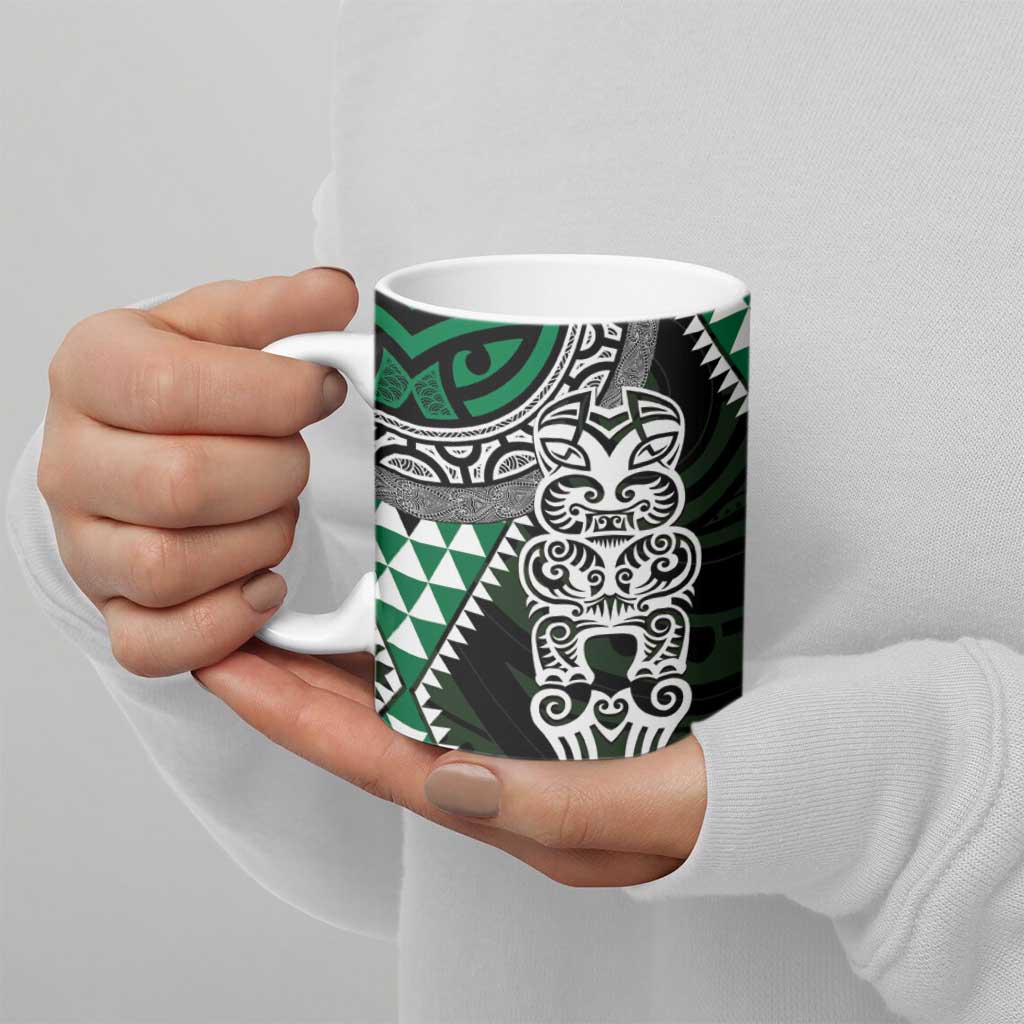 Green Aotearoa Niho Taniwha Ceramic Mug Maori Mythology Tooth - Taniko Motifs - Polynesian Pride