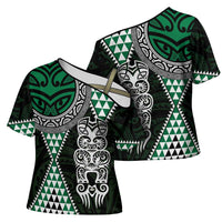 Green Aotearoa Niho Taniwha Cross Shoulder Shirt Maori Mythology Tooth - Taniko Motifs - Polynesian Pride