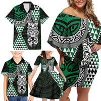 Green Aotearoa Niho Taniwha Family Matching Off Shoulder Short Dress and Hawaiian Shirt Maori Mythology Tooth - Taniko Motifs