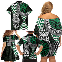 Green Aotearoa Niho Taniwha Family Matching Off Shoulder Short Dress and Hawaiian Shirt Maori Mythology Tooth - Taniko Motifs