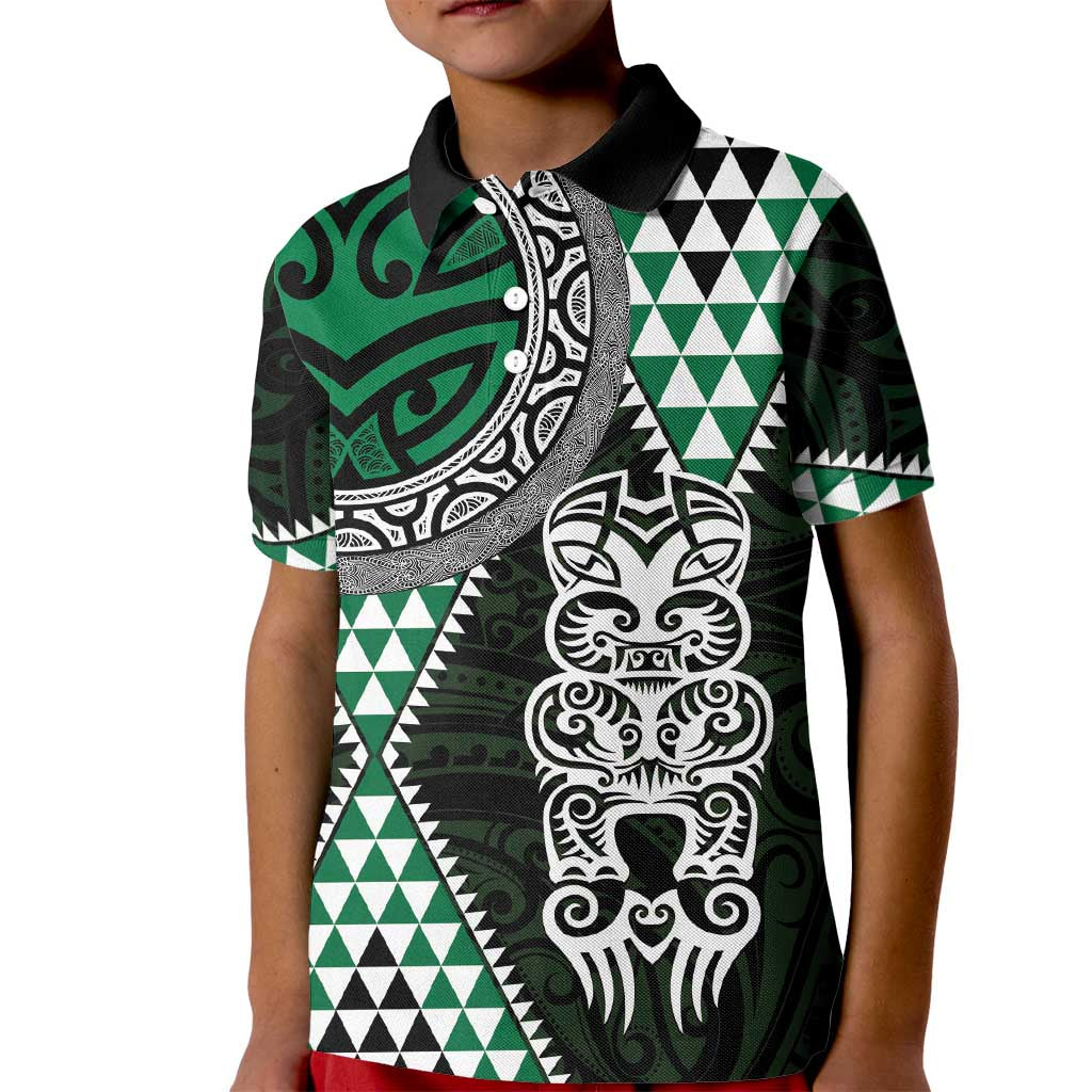 Green Aotearoa Niho Taniwha Kid Polo Shirt Maori Mythology Tooth - Taniko Motifs LT14 Kid Green - Polynesian Pride