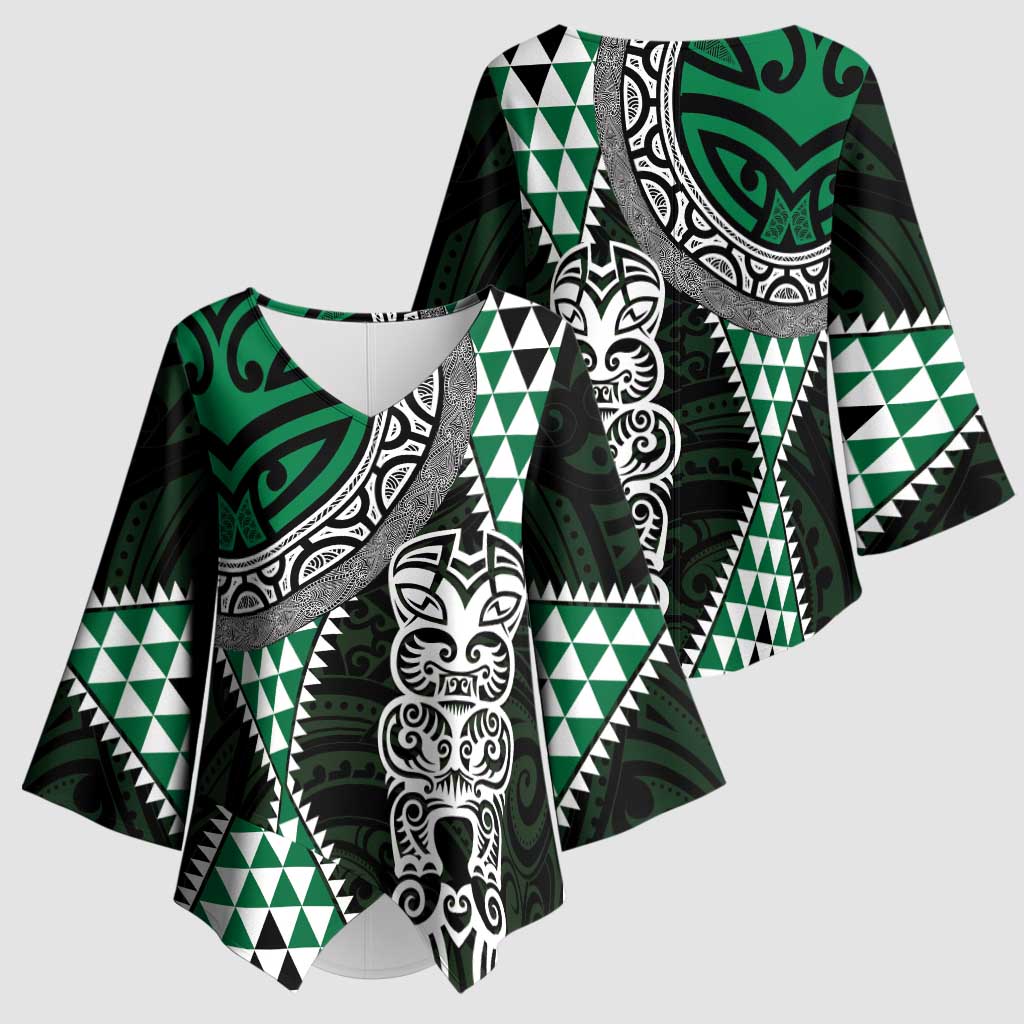 Green Aotearoa Niho Taniwha Kimono Sleeve Blouse Maori Mythology Tooth - Taniko Motifs - Polynesian Pride