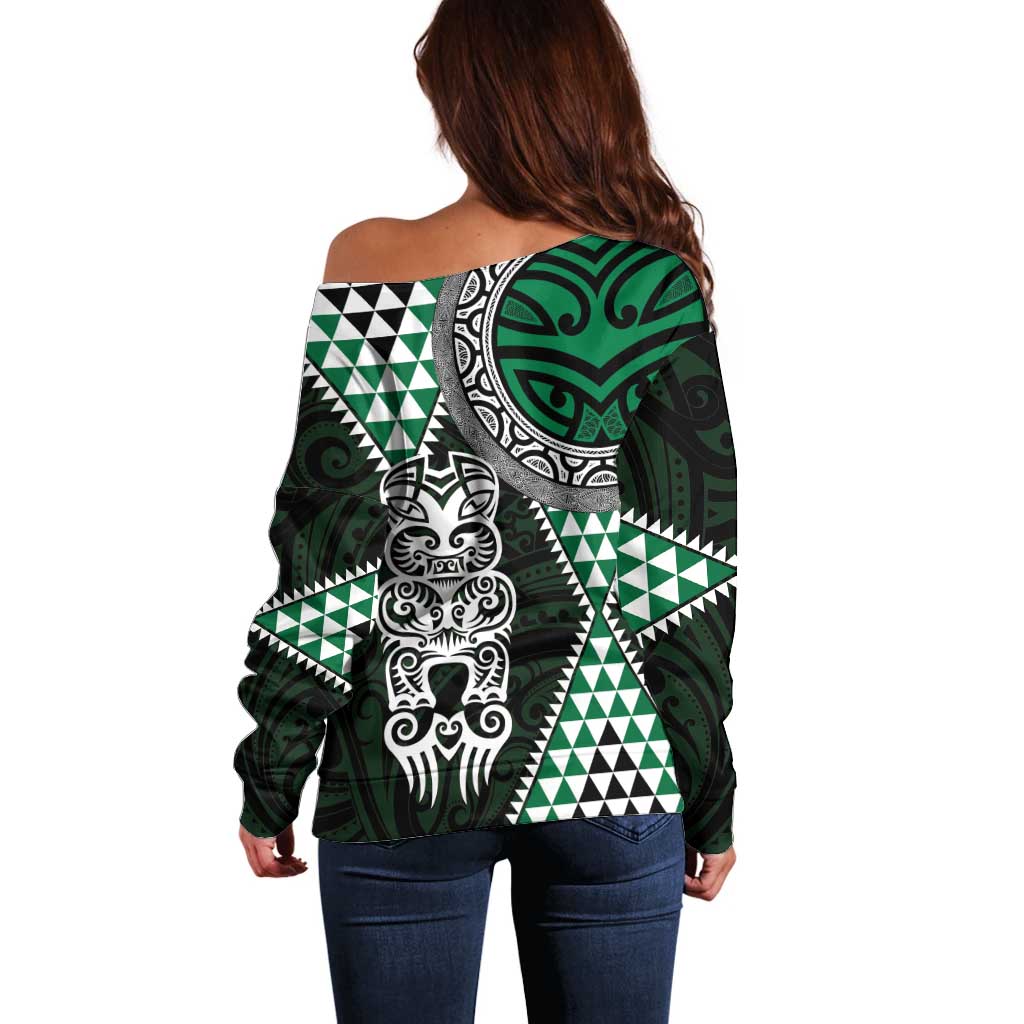 Green Aotearoa Niho Taniwha Off Shoulder Sweater Maori Mythology Tooth - Taniko Motifs