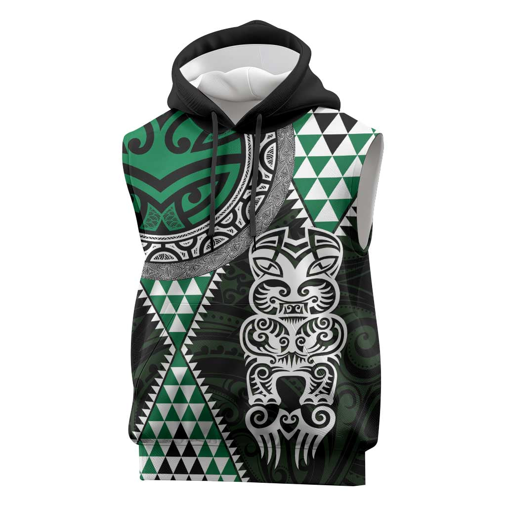 Green Aotearoa Niho Taniwha Sleeveless Hoodie Maori Mythology Tooth - Taniko Motifs - Polynesian Pride